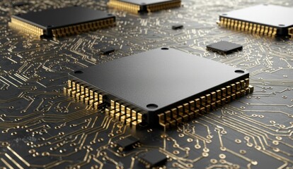 Close-up of microchips on circuit board showcasing electronics manufacturing and technological advancement.