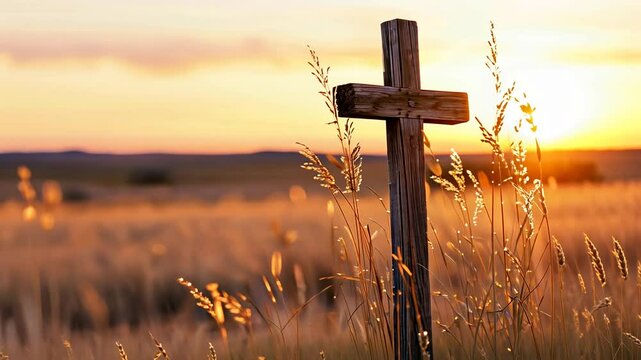 A tranquil autumn sunrise illuminates a wooden cross in a peaceful meadow.