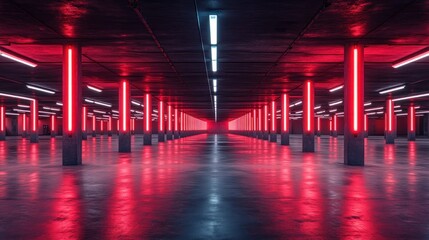 Red columns and white lights illuminate empty underground parking garage interior