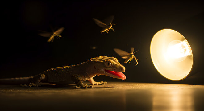 Crested Gecko Hunting Moths Around a Bright Lamp in Dramatic Lighting