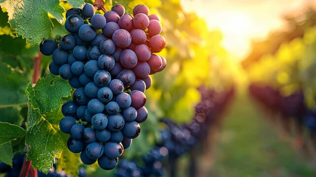 A beautiful vineyard features clusters of ripe grapes, bathed in warm golden light as the sun sets. Rows of vines stretch into the distance, creating a picturesque countryside view.