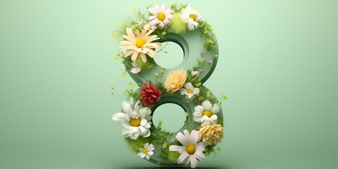 Beautiful floral arrangement in the shape of the number "8" on a light green background, detailed 