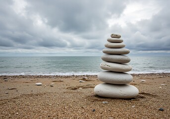 穏やかな波と白砂浜 美しく積み上げられた石の塔 静かな瞑想空間