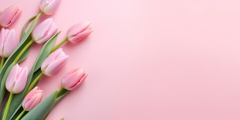 Beautiful pink tulips on a pastel background with copy space, top view. Greeting card for Women's 