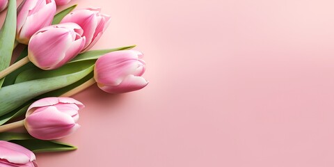 Beautiful pink tulips on a pastel background with copy space, top view. Floral greeting card for 