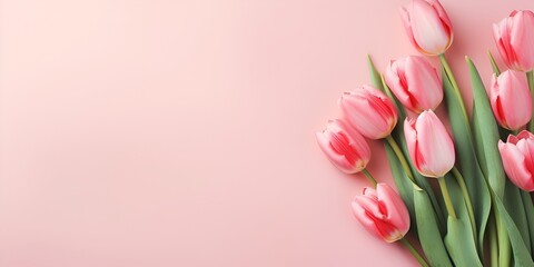 Beautiful pink tulips on a pastel background with copy space, top view. Floral greeting card for 