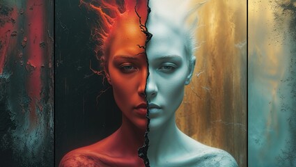 The Fractured Soul: A portrait depicting a dual nature with fire and water elements
