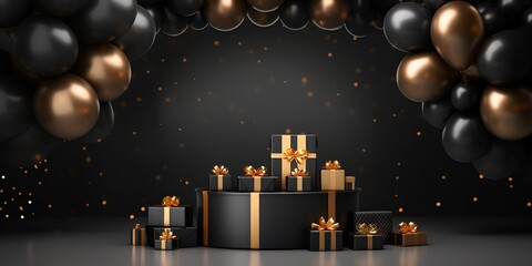 Black and gold podium with balloons, gift boxes for Black Friday black friday sale background design. 