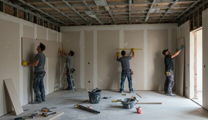 Caucasian, Hispanic, African American, and non-binary workers installing drywall in unfinished room. Home improvement themes.