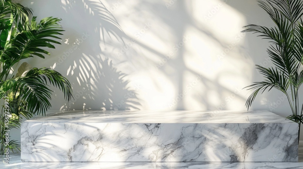 Poster bright sunlight filters through leaves, casting intricate shadows on a luxury marble table. the lush