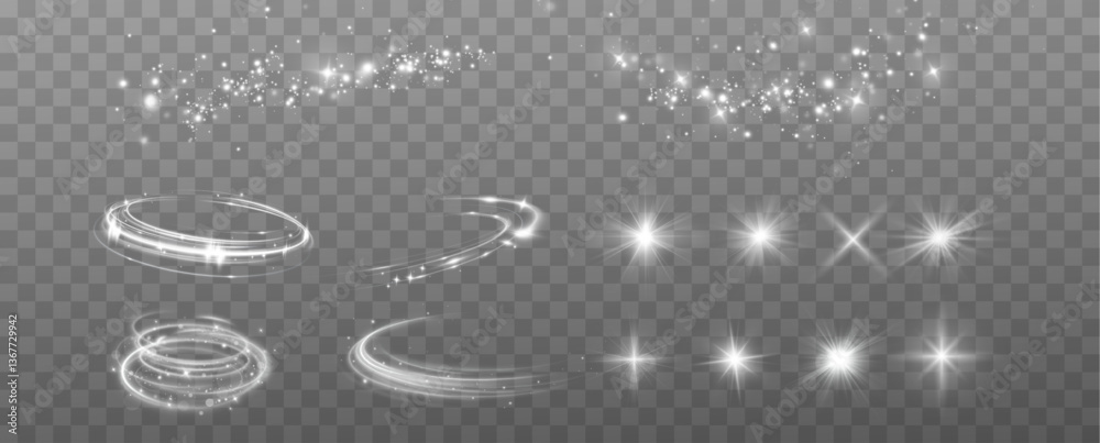 Poster Magic spiral with sparkles.White light effect.Glitter particles with lines.Swirl effect.Texture of cold winter wind. Holiday vector snowstorm. Christmas cold snowstorm effect.Light effect.	