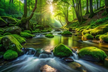 Lush Green Mossy Forest Stream - Crystal Clear Water, Nature Photography