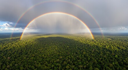 Fototapeta premium A breathtaking aerial view of a double rainbow over a lush green forest