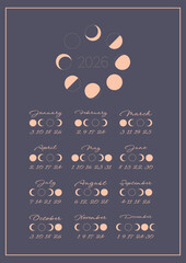 Lunar calendar, lunar monthly cycle planner for 2026 year template. Astrology, astronomical lunar sphere shadow, whole cycle from new to full moon calendar banner, card vector illustration