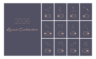 Lunar calendar, lunar monthly cycle planner for 2026 year template. Astrology, astronomical lunar sphere shadow, whole cycle from new to full moon calendar banner, card vector illustration