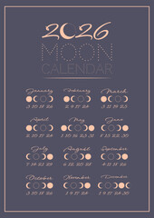 Lunar calendar, lunar monthly cycle planner for 2026 year template. Astrology, astronomical lunar sphere shadow, whole cycle from new to full moon calendar banner, card vector illustration