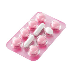 Pink Pills and Capsules in Blister Pack on a white background.
