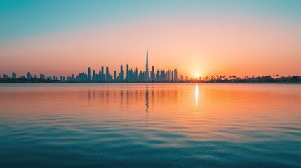Fototapeta premium Dubai Skyline Sunset Reflection: A Serene Cityscape at Dawn
