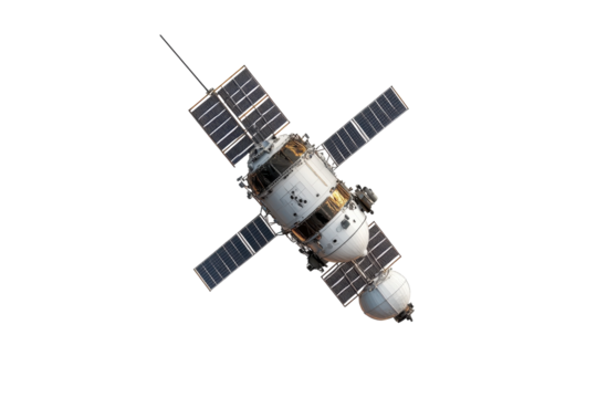 Exploring the cosmos with a detailed view of a satellite equipped for scientific missions isolated on transparent background