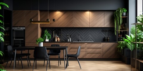 Black and wood kitchen with a herringbone-patterned wall, green plants, and modern appliances. bokeh background