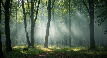 Obraz premium Serene forest landscape with sun rays filtering through trees, evoking tranquility