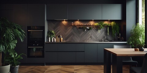 Black and wood kitchen with a herringbone-patterned wall, green plants, and modern appliances. bokeh background