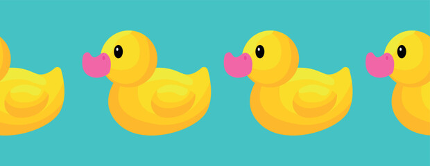 Rubber duck toys. Seamless border with yellow rubber ducks. Flat cartoon style vector illustration.