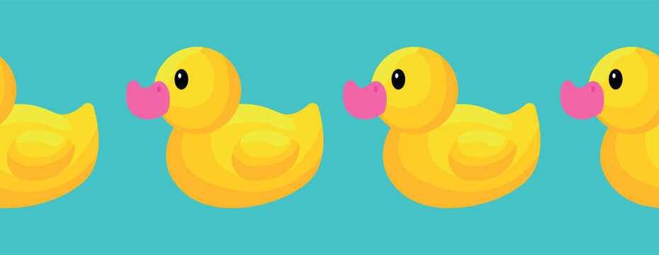 Rubber duck toys. Seamless border with yellow rubber ducks. Flat cartoon style vector illustration.