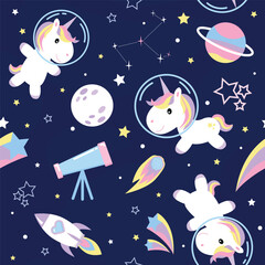 Seamless pattern with unicorns in space. Cute vector illustration. Unicorn constellation.