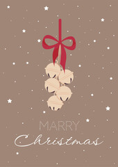 Merry Christmas greetings poster, postcard. Trendy vector illustration with fir tree branches, jingle bells, snow and design