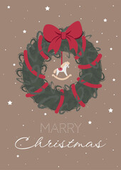 Christmas wreath icon or frame isolated on background. Vector sticker or sign. New Year home decoration with ribbon and horse. Evergreen forest plants branches woven in a circle for door decor.