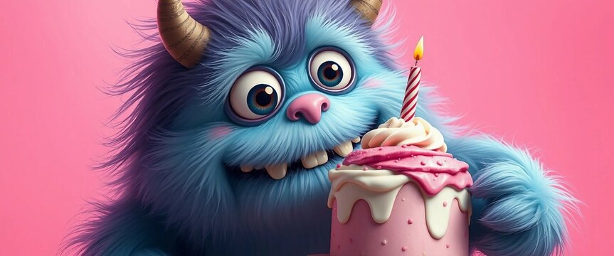 Niedliches, blaues Monster mit Geburtstagstorte. Perfekt f&uuml;r Kindergeburtstage, lustige Illustrationen und einzigartige Designs.