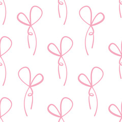 Seamless pattern with cartoon doodle bow knots, gift ribbons. Trendy hair braiding accessory. Hand drawn vector illustration. Minimalist tattoo sketch, coquette core.
