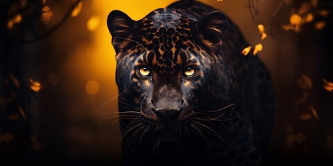 Black leopard with yellow eyes on a black background, animal wallpaper. bokeh background
