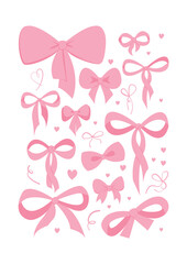 Simple hand drawn pink ribbon bow collection. Big set of pinky bowtie. Set of various cartoon bow knots, gentle gift ribbons.