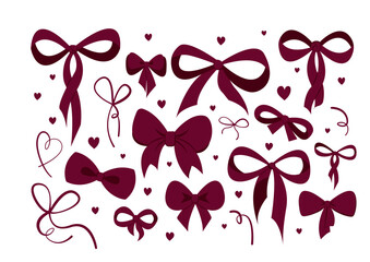 burgundy bow form set. Vector ribbons, silk bows for gifts, present knots and wrap pack isolated. Bowknot for decoration, collection sillouette for celebration design