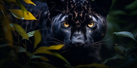 Black leopard with yellow eyes on a black background, animal wallpaper, high resolution, high 