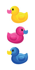 Rubber duck toys set in different colours. Flat cartoon style vector illustration.