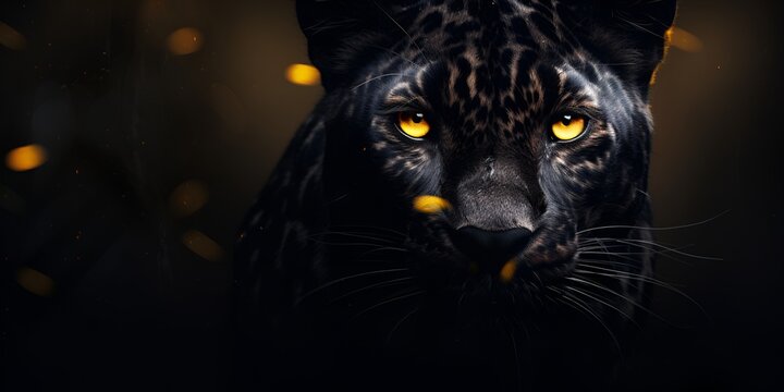 Black leopard with yellow eyes on a black background, animal wallpaper. bokeh background