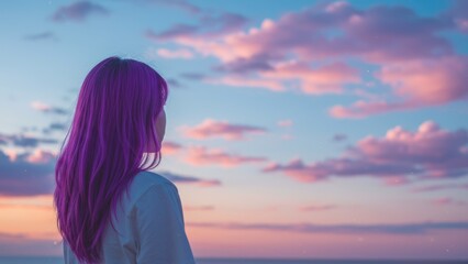 Fototapeta premium Woman with purple hair looking at a pastel colored sky with pink clouds.