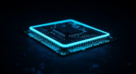 Glowing Blue Computer Chip on Black Background for Technology and Innovation