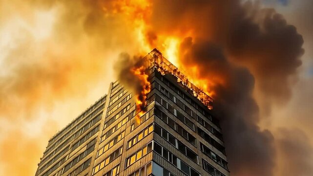 Smoke and fire emanate from a high-rise apartment.