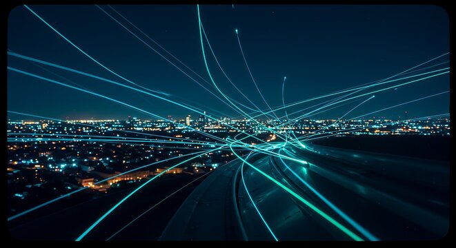 City Lights and Data Trails at Night Abstract View of Technology and Network