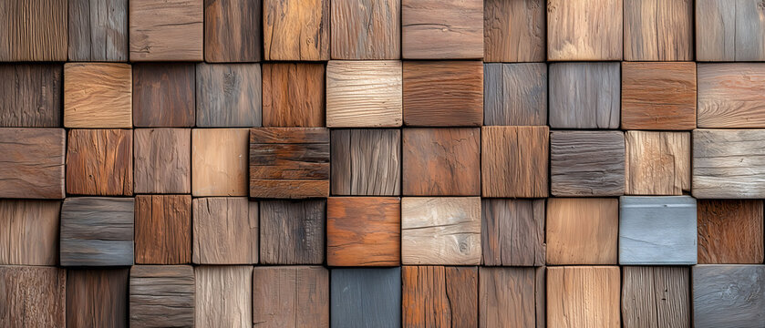 Textured Timber Tiles: A close-up of a mosaic of wooden tiles, showcasing a variety of rich tones and textures. The image offers a tactile and visually engaging experience.