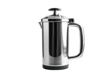 A sleek stainless steel French press elegantly showcasing its design against a minimalistic backdrop isolated on transparent background