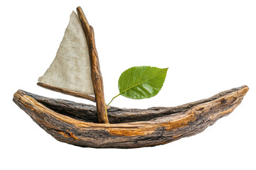 Obraz premium A Tiny Driftwood Sailboat With A Delicate Leaf Sail Embarking On A Serene Journey Across A Tranquil Sea, Showcasing Rustic Charm And Natural Beauty Isolated on Transparent Background