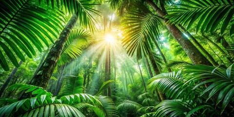 Lush Tropical Rainforest Trees, Sunlight Dappled Canopy, Vibrant Green Foliage, Nature Stock Photo