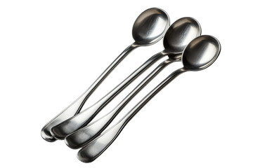 Elegant arrangement of four shiny stainless steel spoons on a white background isolated on transparent background