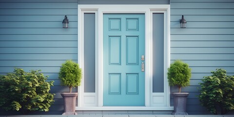 Blue front door with white trim on a grey house, exterior design ideas for a home entrance. bokeh background