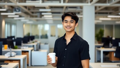 A young man with black hair, wearing a black shirt and light-colored paint, stands in an office environment. he holds a coffee cup in one hand. The background features a modern, organized workspace wi